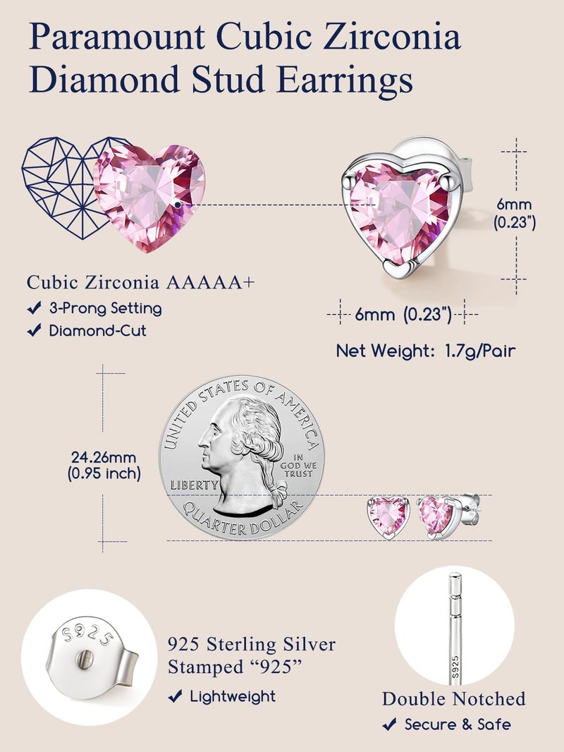 Suplight 925 Sterling Silver Pink Stud Earrings for Women, Hypoallergenic Earring for Sensitive Ear Screw Back Dainty Minimalist October Birthstone Heart Earrings - Image 5
